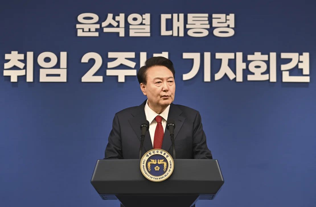 El presidente surcoreano, Yoon Suk Yeol, en una conferencia de prensa en Seúl, Corea del Sur, el 9 de mayo de 2024.