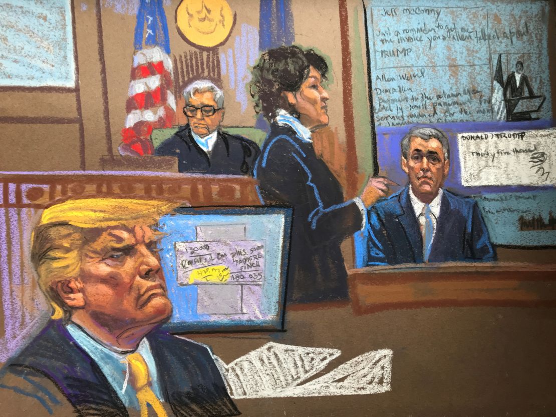 Este boceto de la corte muestra al expresidente Donald Trump, izquierda, y Michael Cohen, derecha, en la corte el martes 14 de mayo en Nueva York. Cristina Cornell