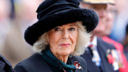 La reina Camila ya no comprará ropa con pieles. No está claro si el adorno del sombrero que usó aquí el Día del Recuerdo el año pasado es piel real. Crédito: Max Mumby/Índigo/Getty Images.