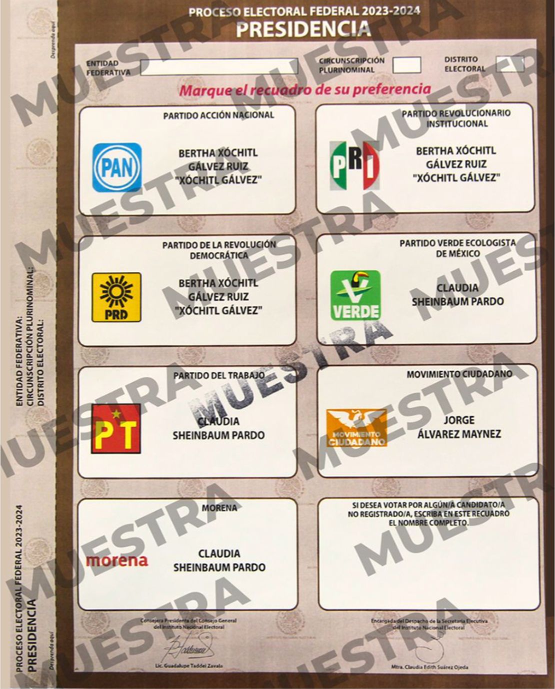 Boleta de muestra para la elección 2024 de la Presidencia de la República en México.