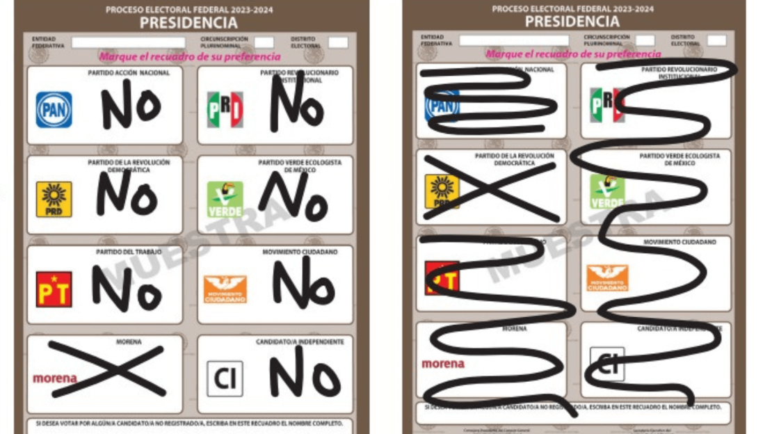 Ejemplos de boletas que tienen marcadas dos o más casillas de partidos que no van en coalición, pero que son considerados válidos por el Instituto Nacional Electoral.