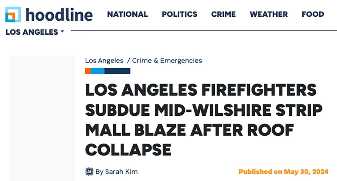 Una captura de pantalla del sitio web de Hoodline muestra una historia con una firma denominada "IA". Crédito: Hoodline.