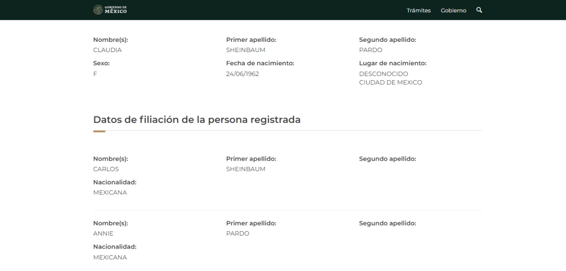 Datos del acta de nacimiento de Claudia Sheinbaum consultados por CNN en Español en el sitio web del Gobierno de México.