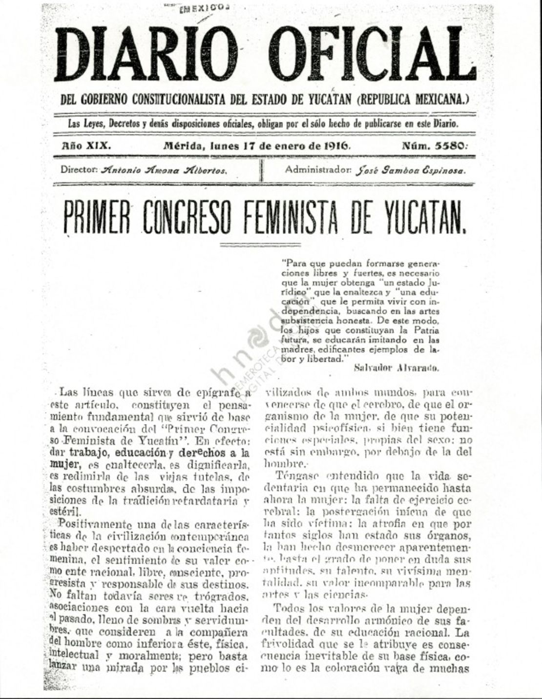 Primer Congreso Feminista de Yucatán.Año XIX, Núm. 5880.