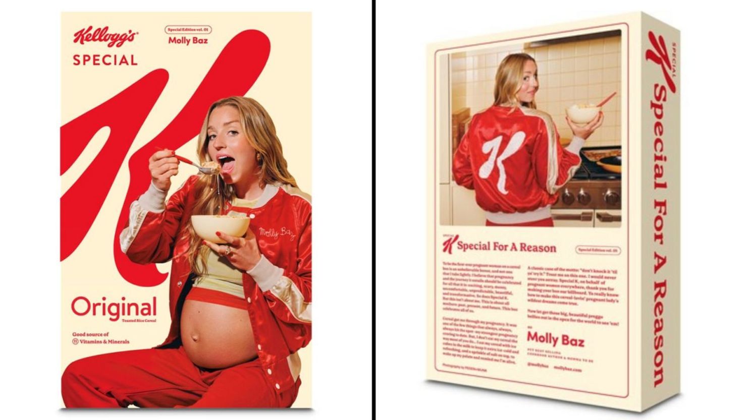 Portada y contraportada de la caja de cereales de edición limitada Molly Baz x Special K. Crédito: WK Kellogg Co.