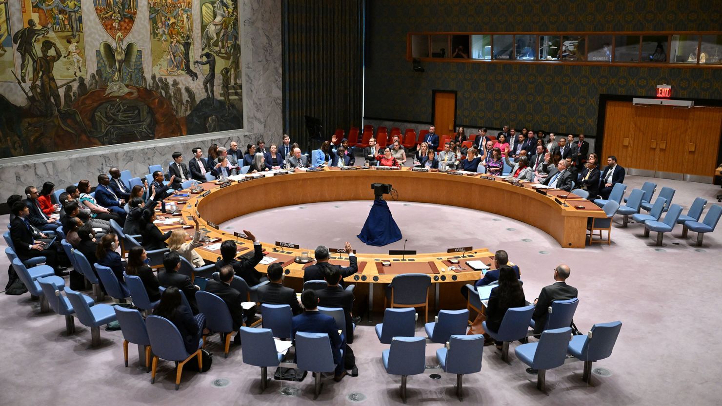 Los  del Consejo de Seguridad de las Naciones Unidas votan durante una reunión sobre la situación en Medio Oriente en la sede de la ONU el 10 de junio de 2024 en Nueva York. Crédito: ANGELA WEISS/AFP vía Getty Images