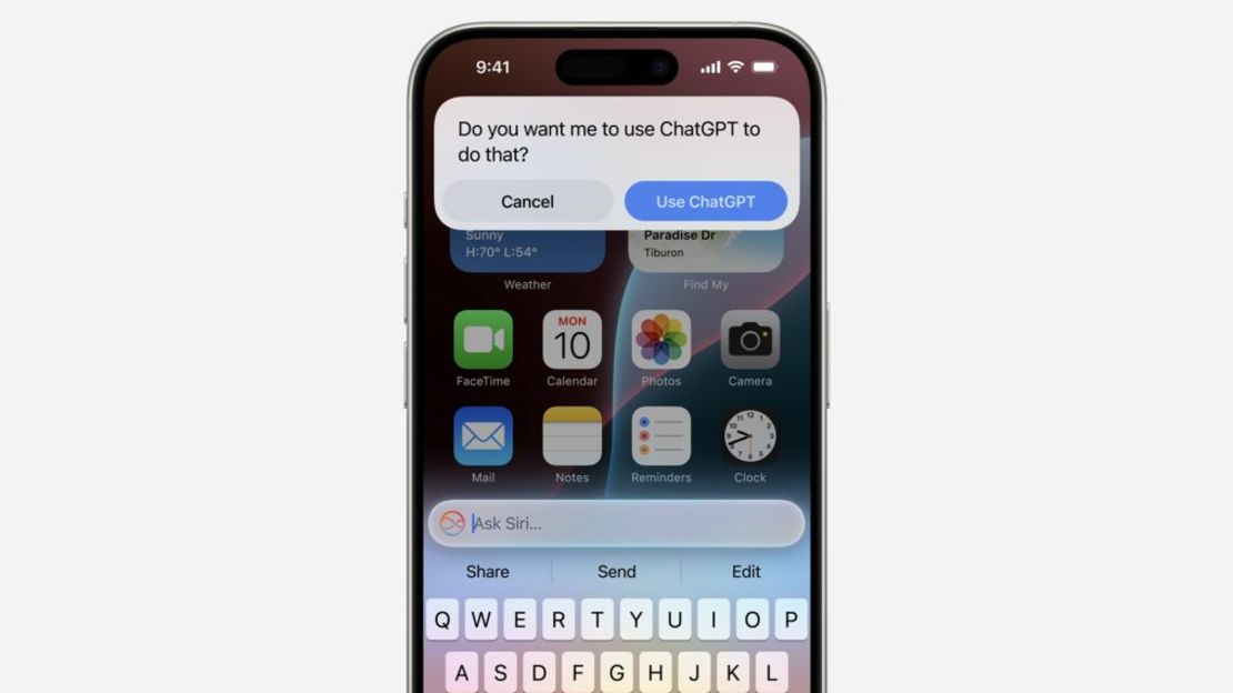 Durante su Conferencia Mundial de Desarrolladores anual, Apple reveló una asociación con OpenAI que integrará ChatGPT en muchos dispositivos Apple. Crédito: Apple