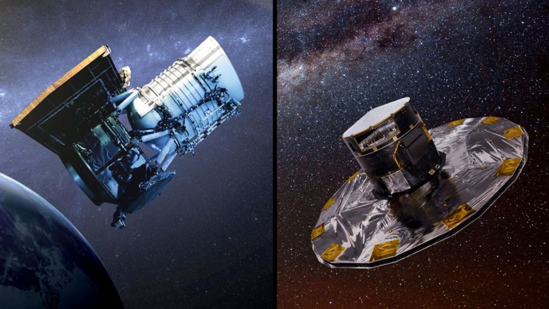 Los autores del estudio del 6 de mayo utilizaron datos del telescopio de la NASA Wide-field Infrared Survey Explorer, o WISE (izquierda) y del observatorio Gaia para identificar siete estrellas candidatas que podrían tener esferas de Dyson. Crédito: NASA/JPL/ESA