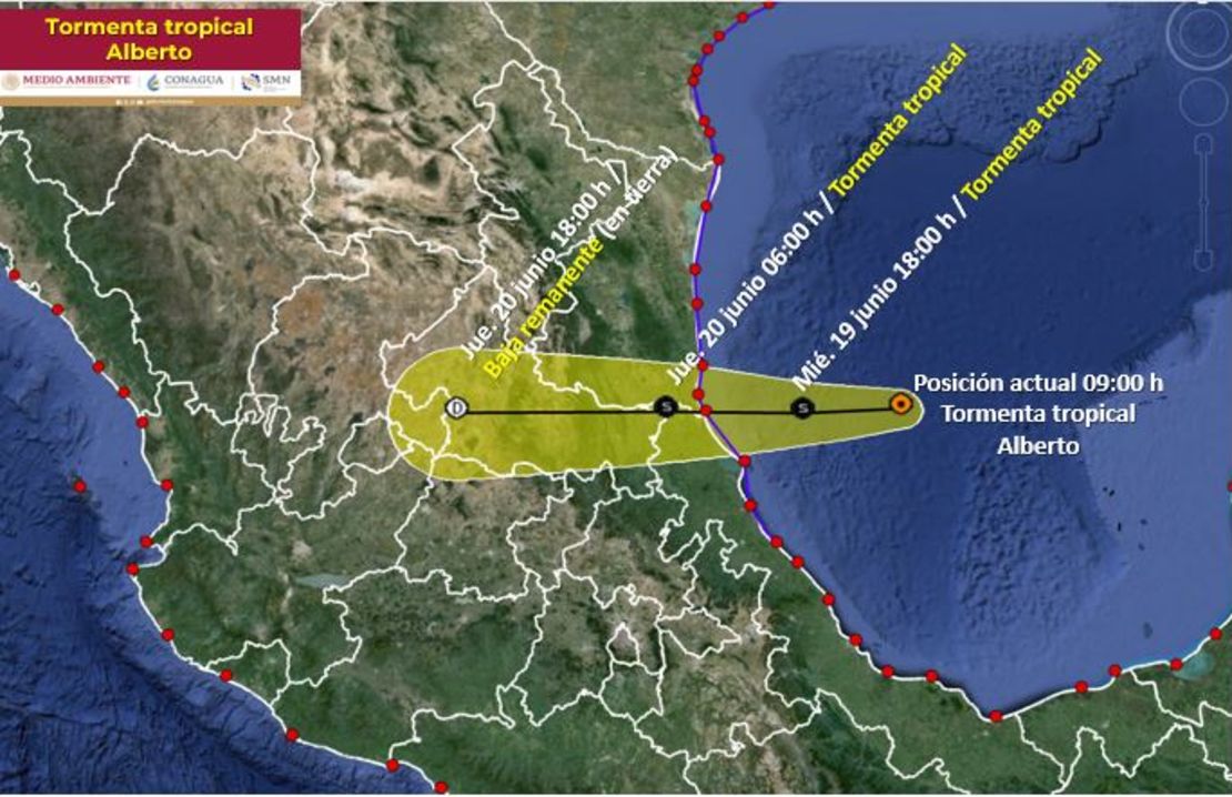 La trayectoria estimada de la tormenta tropical Alberto hasta la actualización de las 11 a.m. ET del SMN.