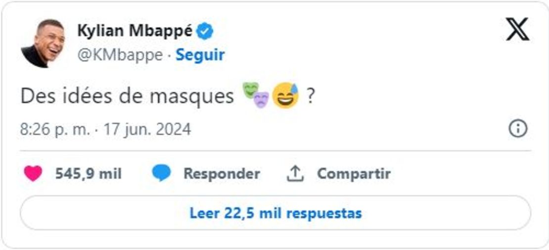 Mbappé en X, antes Twitter, después de su lesión.