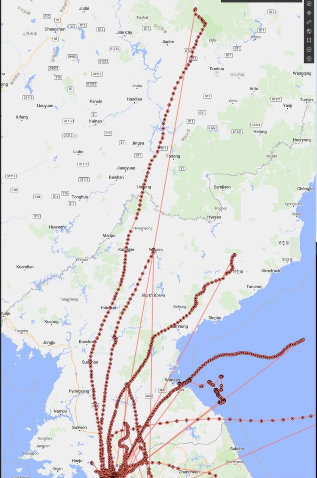 El mapa ilustra el seguimiento de los globos inteligentes lanzados por el grupo desde abril de 2022 hasta abril de 2024. Según Choi, las direcciones del viento se vuelven favorables para el lanzamiento de globos a partir de abril de cada año. Crédito: Comisión para la Reforma y la Apertura de Corea del Norte.