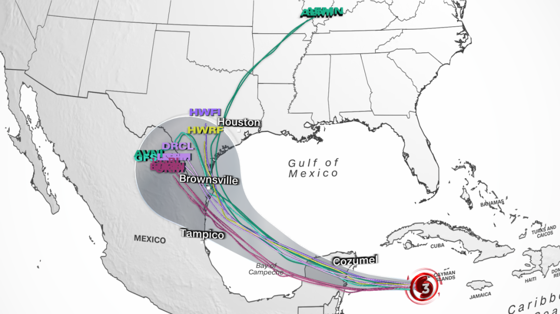 Varios modelos de pronóstico por computadora diferentes (líneas de colores) están superpuestos en el cono de pronóstico del Centro Nacional de Huracanes (contorno gris) para Beryl. Cada línea de color representa una forma diferente en que el centro de Beryl podría seguir su trayectoria a principios de la próxima semana.