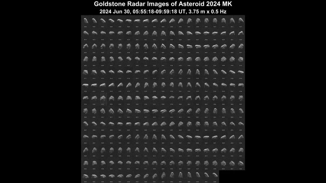 Un mosaico muestra 2024 MK mientras el asteroide gira en incrementos de un minuto aproximadamente 16 horas después de su máxima aproximación a la Tierra.