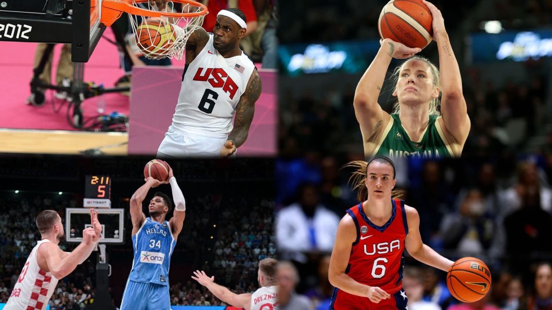 (De izquierda a derecha y de arriba a abajo) Lebron James [Estados Unidos], Lauren Jackson [Australia], Giannis Antetokoumpo [Grecia] y Sabrina Ionescu [Estados Unidos] son cuatro jugadores que estará en París 2024.