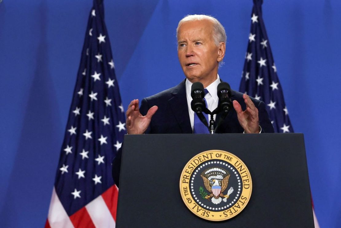 El presidente Joe Biden asiste a una conferencia de prensa durante la cumbre del 75º aniversario de la OTAN en Washington el 11 de julio.