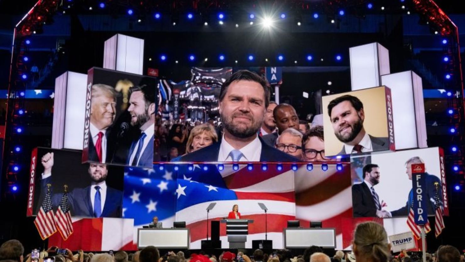 J.D. Vance se emociona después de haber sido formalmente nominado como vicepresidente de Donald Trump por aclamación en la Convención Nacional Republicana de 2024, celebrada en el Fiserv Forum en Milwaukee, Wisconsin, el 15 de julio de 2024.