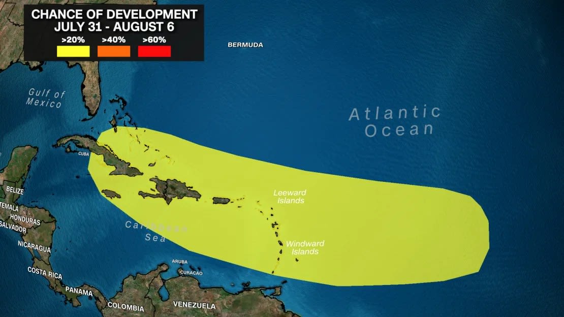 Hay al menos un 20% de posibilidades de desarrollo tropical en el Atlántico a finales de julio y principios de agosto.