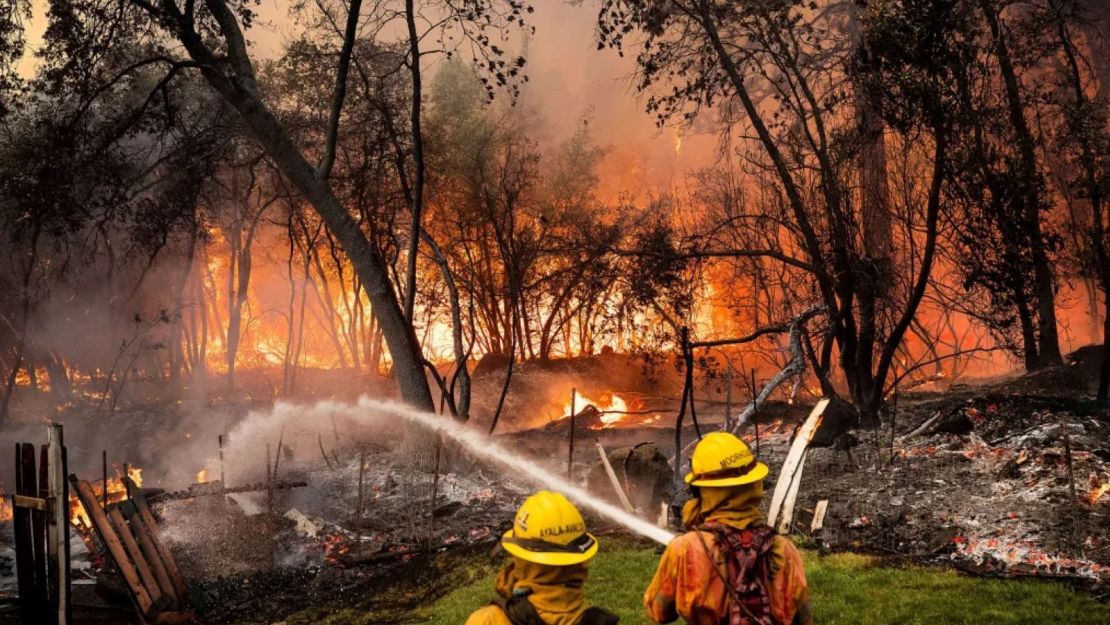 Los bomberos rocían agua mientras luchan contra el Park Fire en la comunidad de Cohasset en el condado de Butte, California, el 25 de julio.