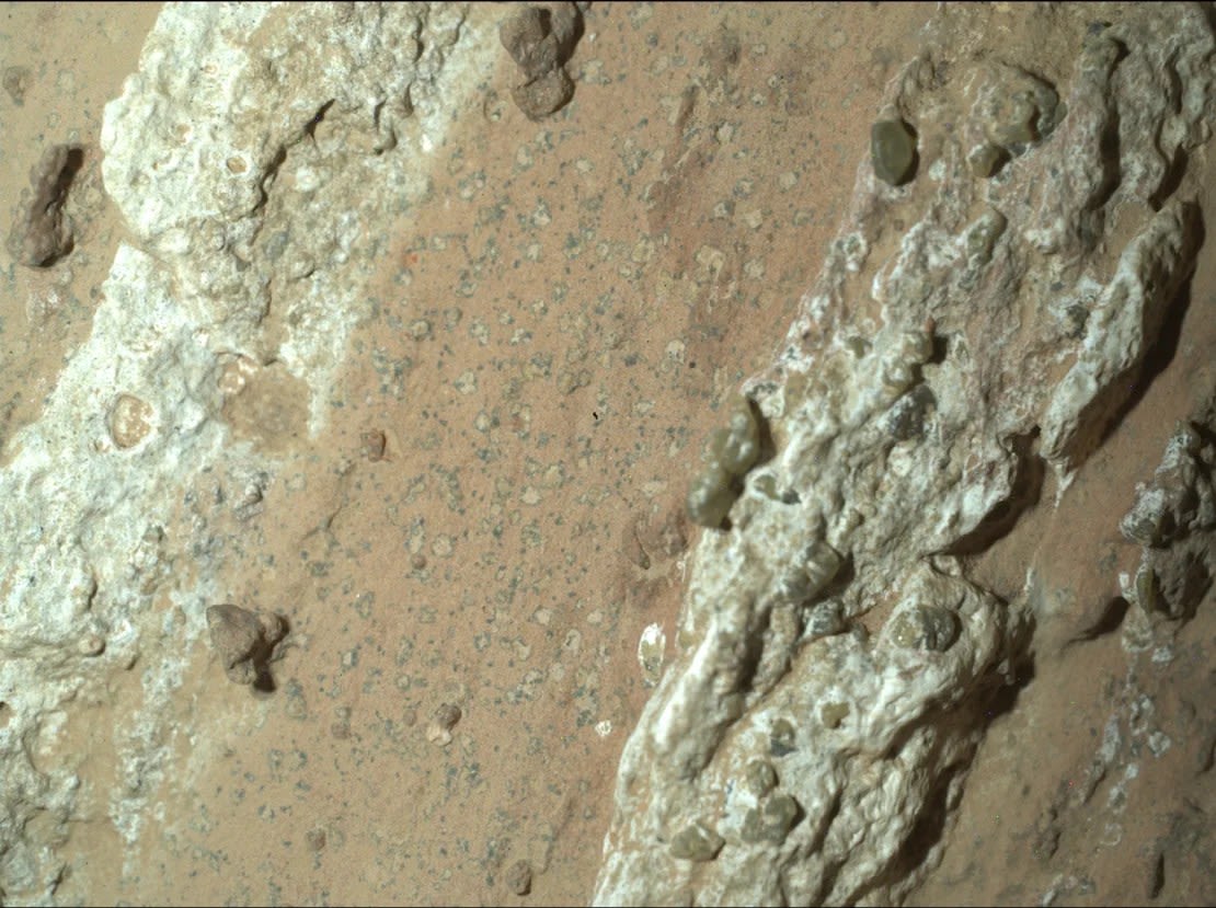 El rover Perseverance de la NASA descubrió “manchas de leopardo” en una roca rojiza apodada Cheyava Falls en el cráter Jezero de Marte el 18 de julio. (Foto: NASA/JPL-Caltech/MSSS).