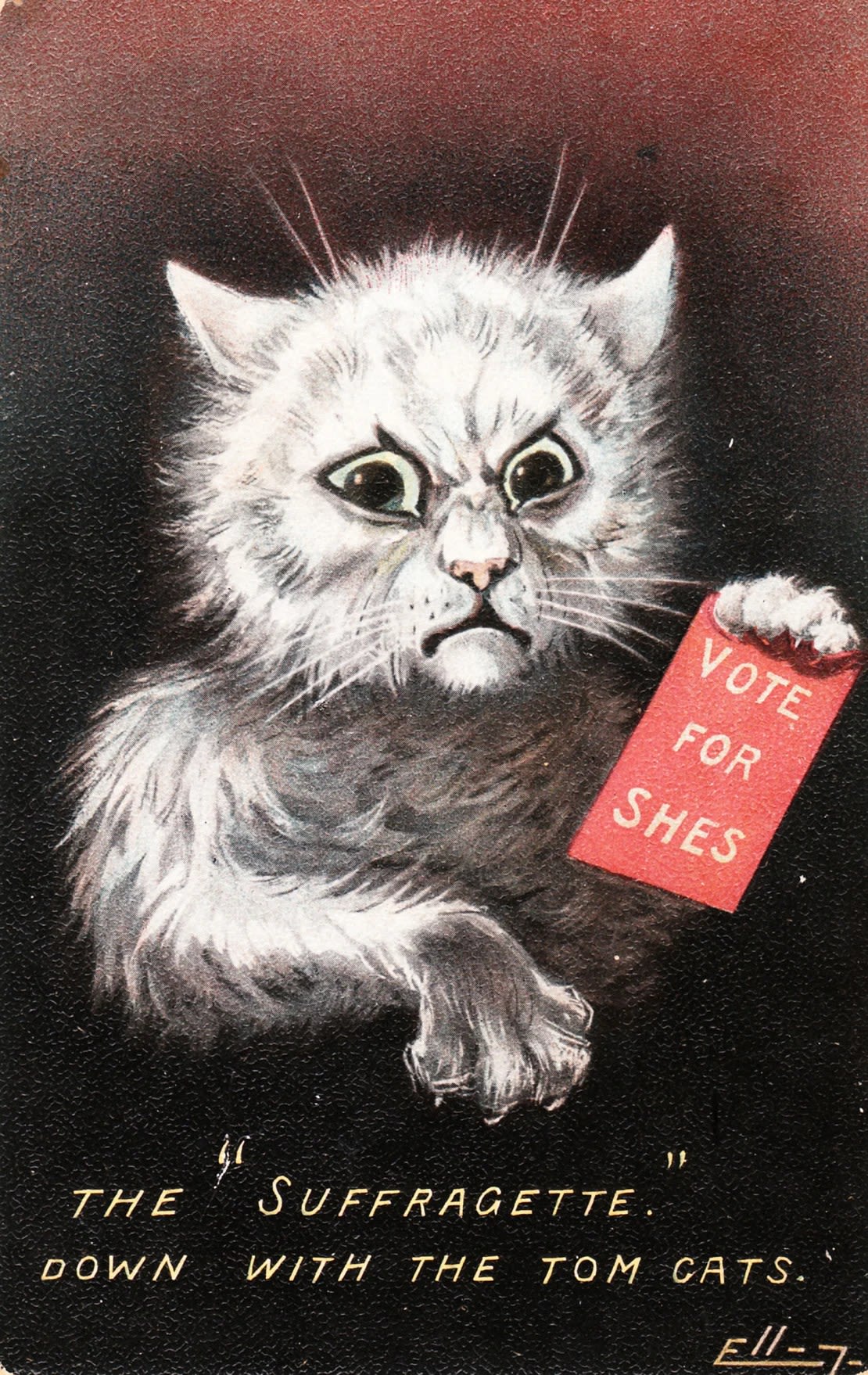 Postal antisufragio, con una imagen de un gato blanco enojado sosteniendo una tarjeta con el texto "Vote For Shes", titulada "The 'Suffragette', Down with the Tom Cats", del artista William Henry Ellam, 1905. Ken Florey Suffrage.