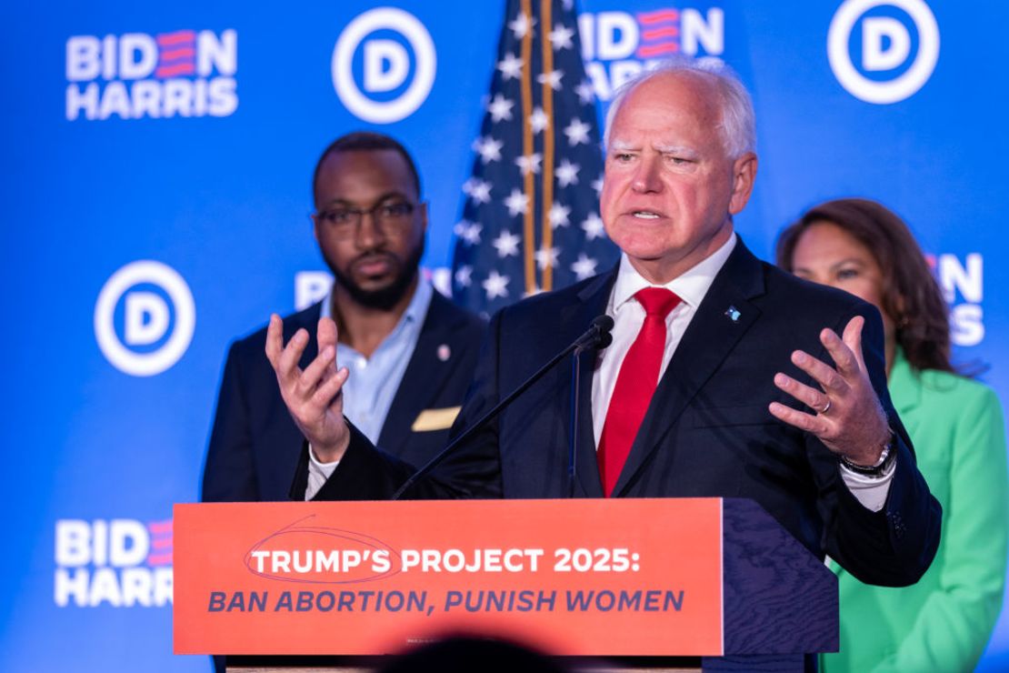 Minnesota Governor Tim Walz speaks at a Democratic campaign press conference in Milwaukee, Wisconsin, on July 17, 2024.  