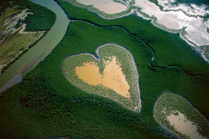 El corazón de Voh, Nueva Caledonia. Esta imagen de un parche de tierra en forma de corazón, el cual también adorna la portada del libro de Arthus-Bertrand, es una de las más famosas fotografías de su ambicioso proyecto (Arthus-Bertrand, Altitudes Anyway).