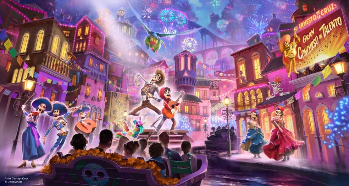 Concepto artístico de la primera atracción del parque temático de Disney basada en “Coco”, que comenzará a construirse en 2026. En la atracción, las familias podrán seguir el viaje de Miguel a través de la tierra de los muertos. (Disney).