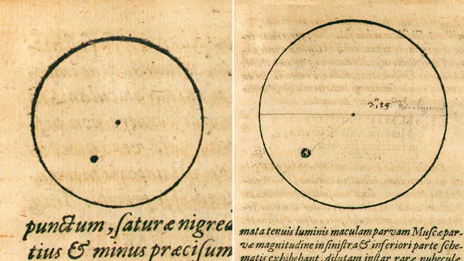 El astrónomo Johannes Kepler hizo bocetos de manchas solares que se publicaron en su libro de 1609 "Phaenomenon Singulare Seu Mercurius In Sole". Crédito: Johannes Kepler