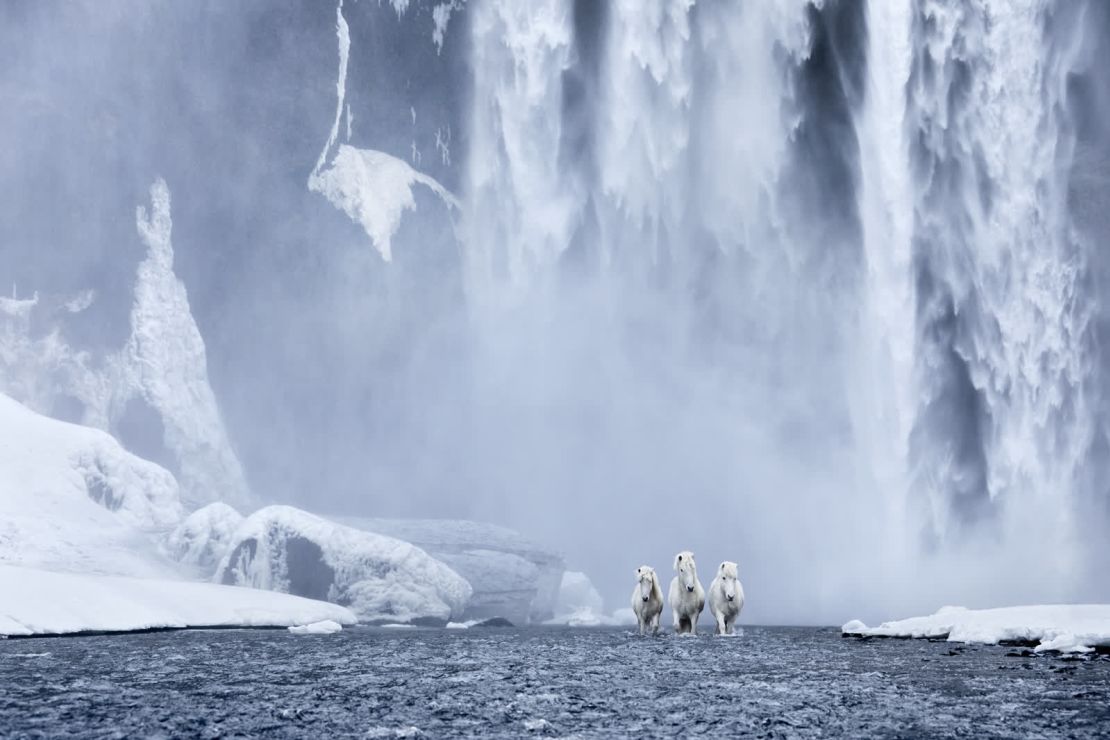 Una cascada sirve de majestuoso telón de fondo a un trío de caballos islandeses.