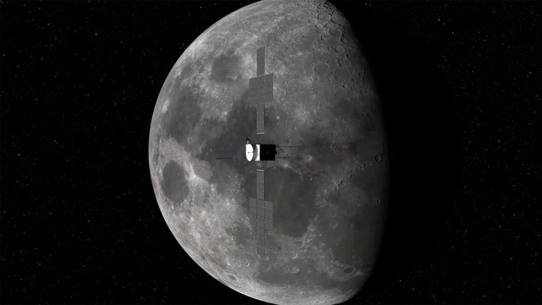 En esta imagen se representa a la nave espacial Juice volando cerca de la luna. Crédito: ESA.