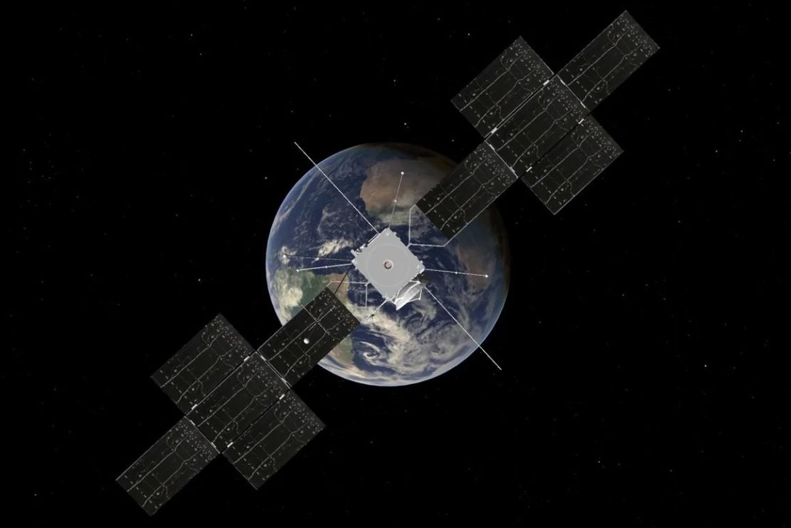 Los enormes paneles solares de Juice estarán inclinados para evitar el duro resplandor del sol durante el sobrevuelo de la Tierra. Crédito: ESA.