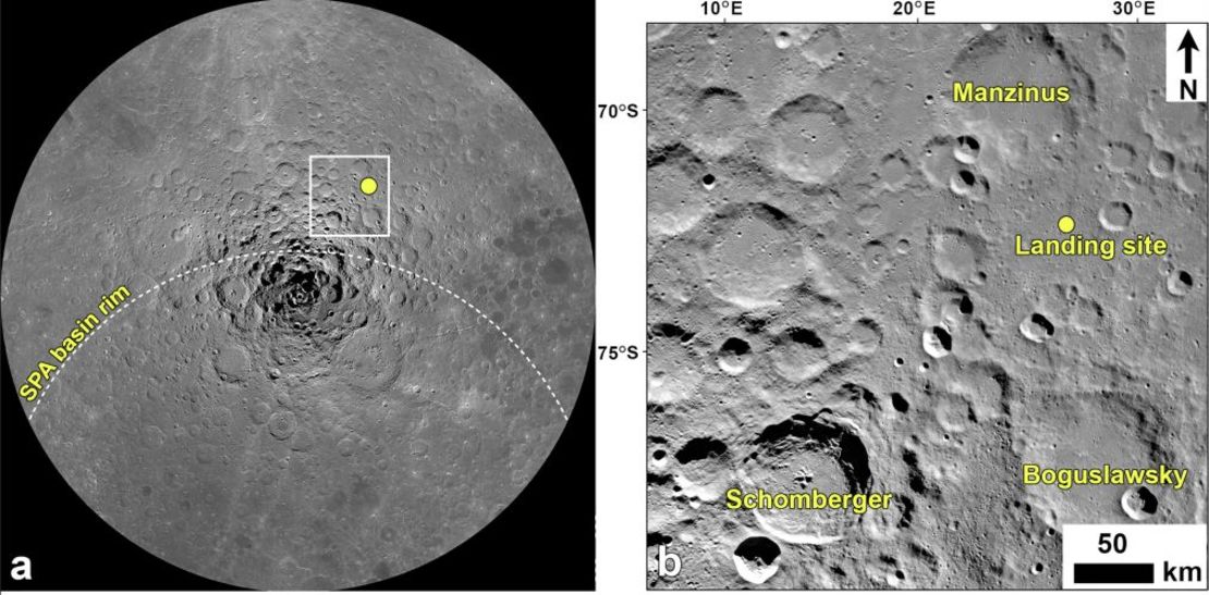 Una imagen de mosaico polar muestra el lugar de aterrizaje del Chandrayaan-3, incluido el punto Shiv Shakti (izquierda) y una vista ampliada alrededor del lugar de aterrizaje que revela los cráteres cercanos (derecha). Crédito: APXSPOC, PRL