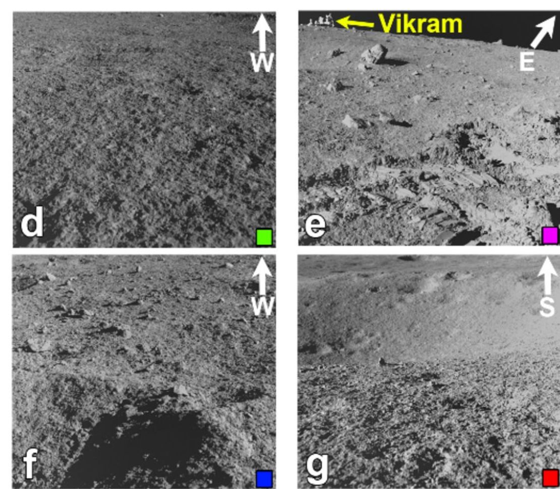 Estas imágenes muestran los diversos terrenos que encontró el rover Pragyan. Crédito: APXSPOC, PRL