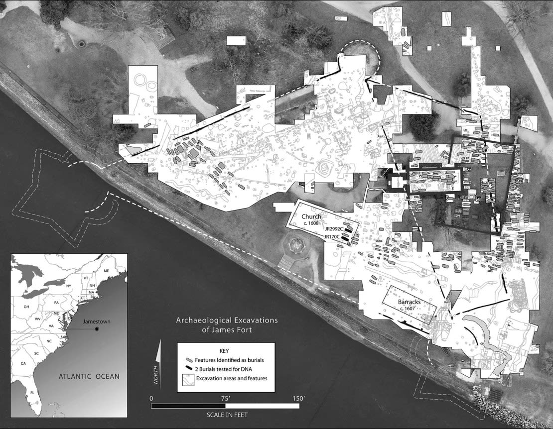 Un mapa de la isla de Jamestown muestra la empalizada triangular del fuerte James y la iglesia del asentamiento colonial que contiene entierros. Fundación para el Redescubrimiento de Jamestown