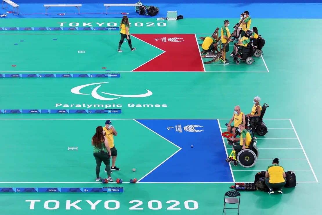 Brasil en acción durante una sesión de entrenamiento de boccia antes de los Juegos Paralímpicos de Tokio 2020. Kiyoshi Ota/Getty Images.