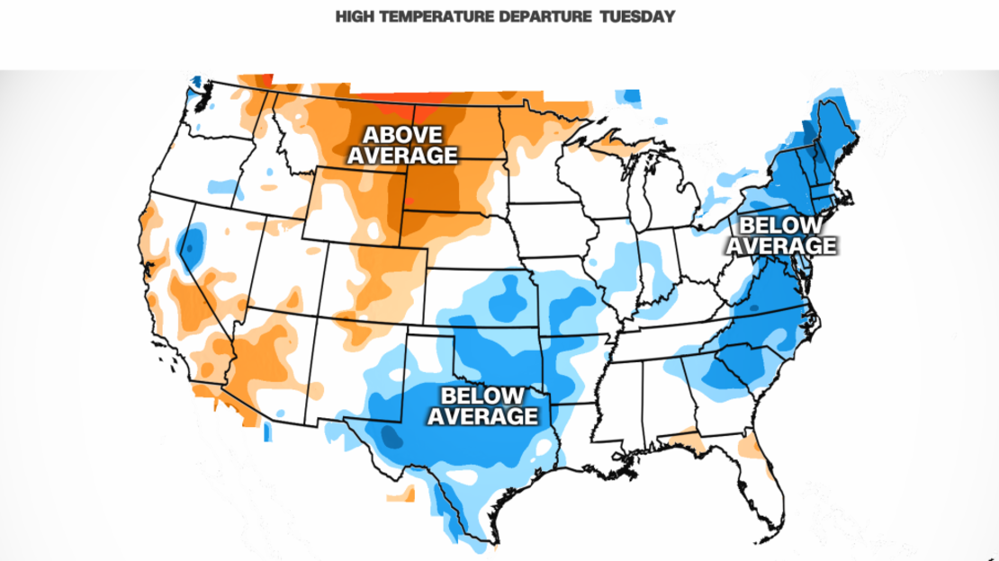 Las temperaturas máximas del martes estarán por debajo de la media (azul) en gran parte de la mitad este de EE.UU.. En el resto del país es posible que se registren temperaturas por encima de la media (naranjas y rojos). Crédito: CNN Weather