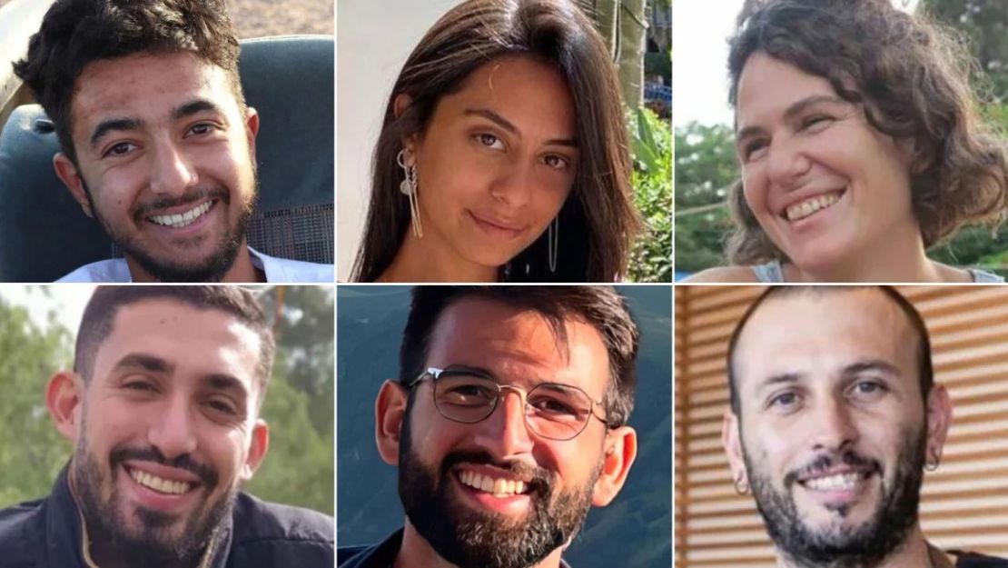 Fila superior, de izquierda a derecha: Hersh Goldberg-Polin, Eden Yerushalmi y Carmel Gat. Fila inferior, desde la izquierda: Ori Danino, Almog Sarusi y Alex Lobanov.