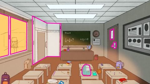 Ilustración de un aula con dispositivos de seguridad instalados, antes de ser usados