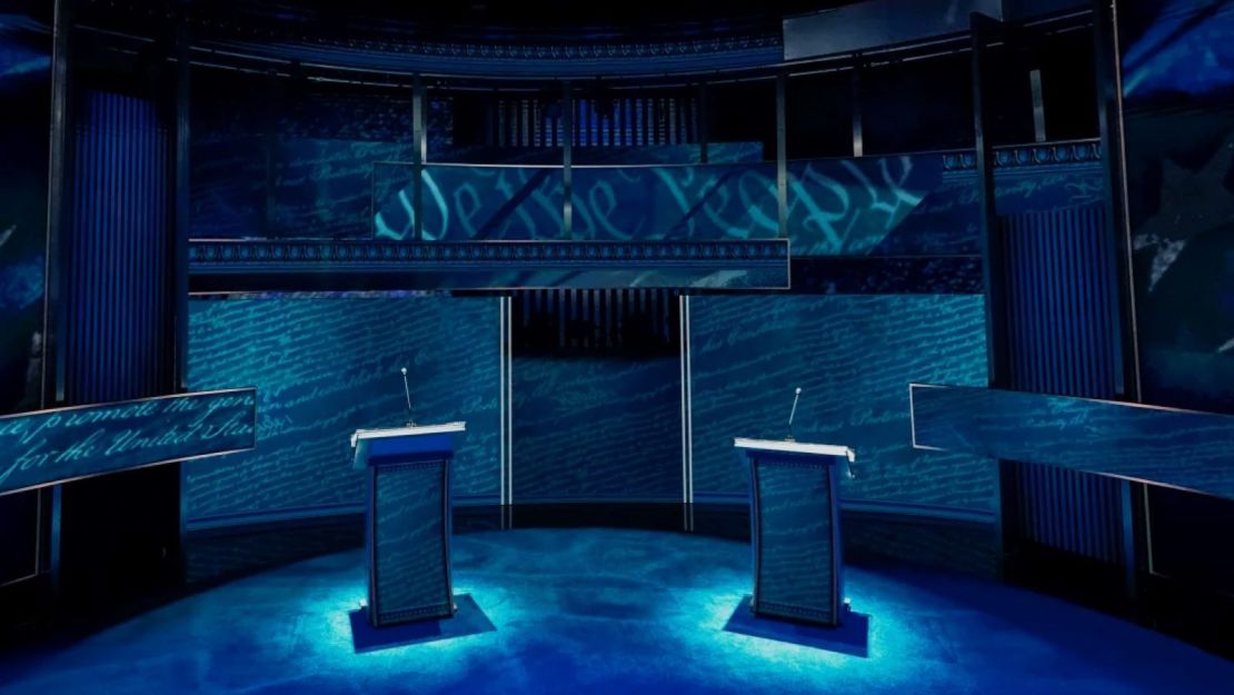 Esta imagen compartida por ABC News muestra el escenario en Filadelfia antes del debate entre Harris y Trump.