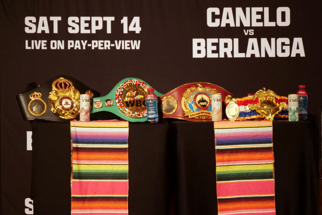 Belts and awards are displayed during a press conference to promote the September 14 fight between Canelo Alvarez and Edgar Berlanga in Beverly Hills, California on August 6, 2024. Credit: Kailin Mendez/Getty Images