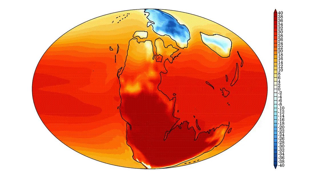 Una animación muestra la temperatura superficial media mensual (en grados Celsius) durante el pico de calor de la crisis de extinción del final del Pérmico, según el modelo utilizado en el estudio. Alex Farnsworth/Universidad de Bristol