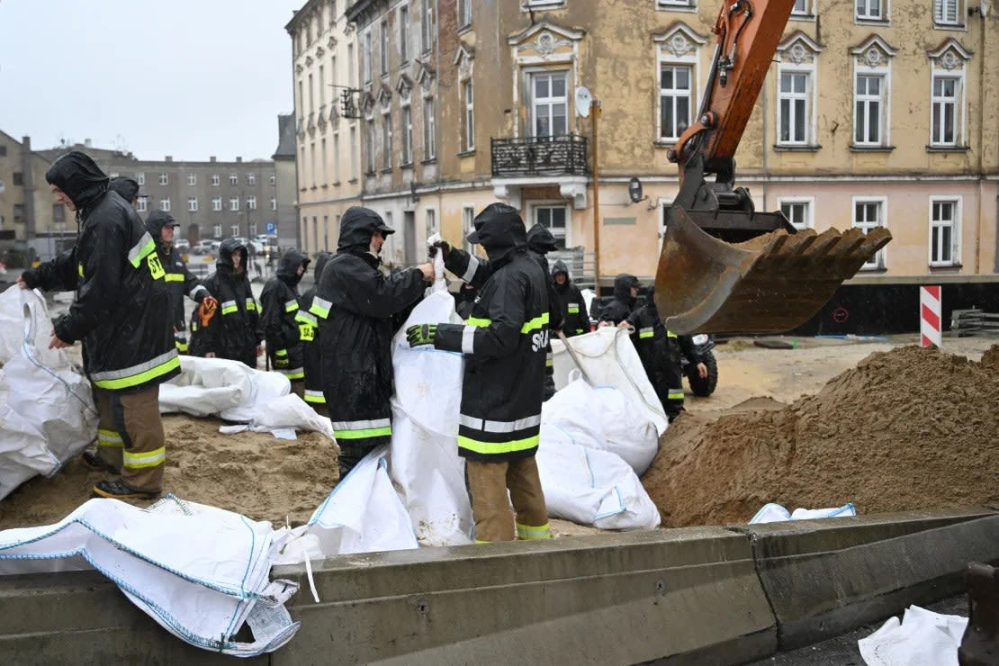 Firefighters fill sandbags in Glucholazy, southern Poland.