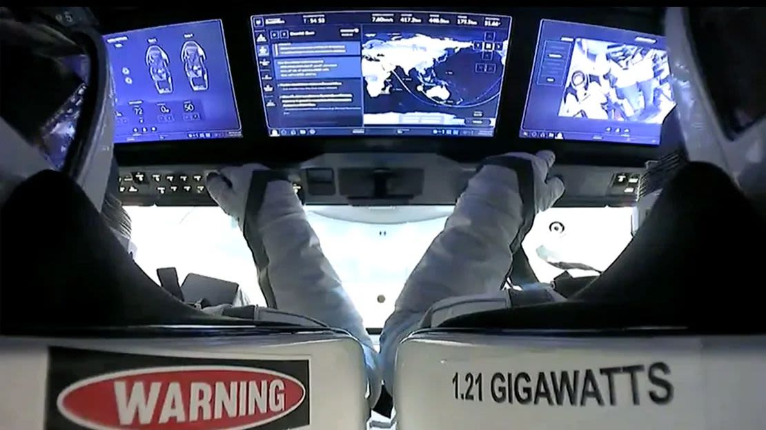 Screens inside the Crew Dragon capsule allow the four astronauts to watch their return to Earth on Sept. 15 after a five-day orbital mission. (SpaceX)