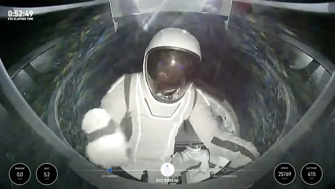 A Polaris Dawn and SpaceX engineer emerges from the hatch of the Crew Dragon capsule Thursday during the first commercial spacewalk. (Photo: SpaceX)