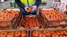 Un empleado revisa tomates importados de España en el mayorista D & F McCarthy Ltd. en Norwich, Reino Unido, en febrero de 2023. Crédito: Chris Ratcliffe/Bloomberg/Getty Images.