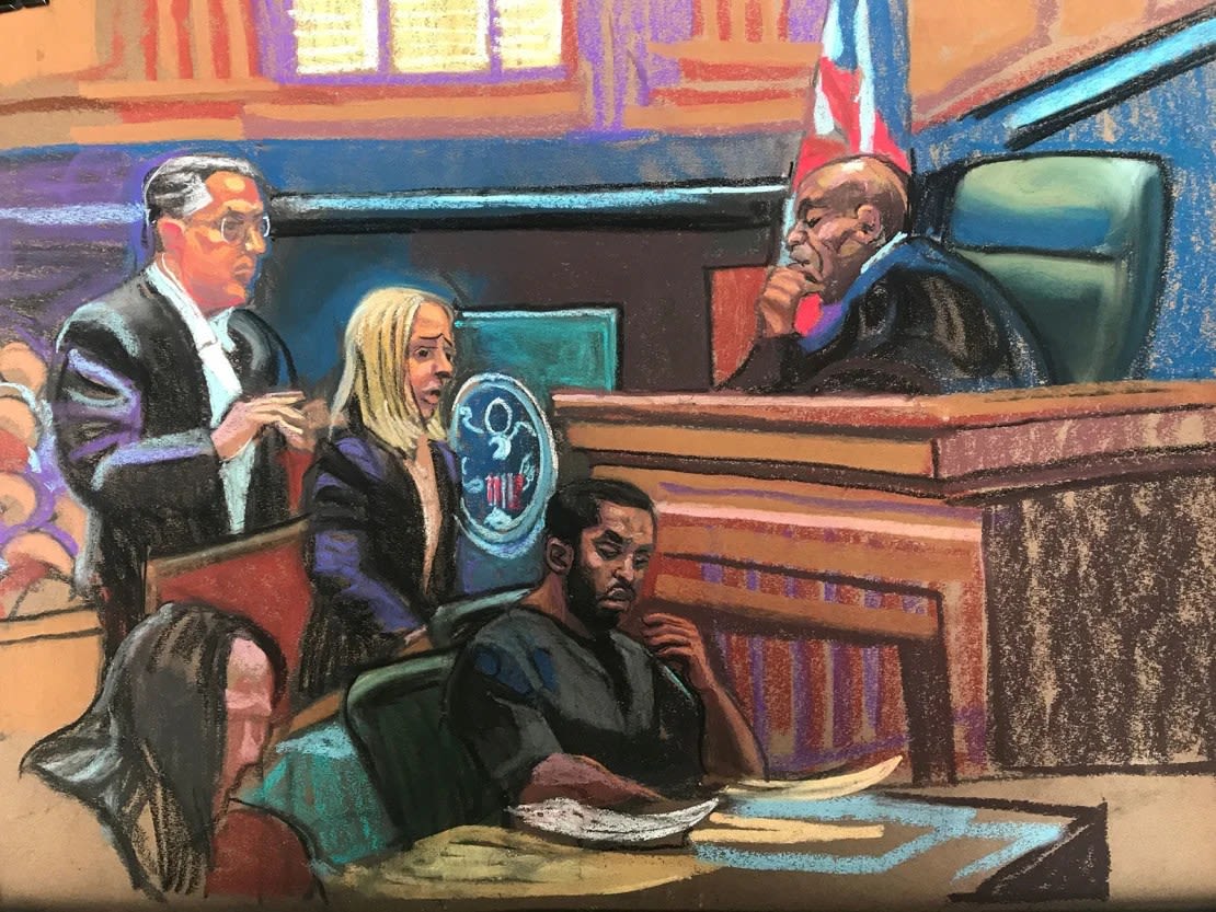 Dibujo judicial de Sean "Diddy" Combs en el tribunal federal de apelaciones el miércoles 18 de septiembre, presidido por el juez Andrew Carter.