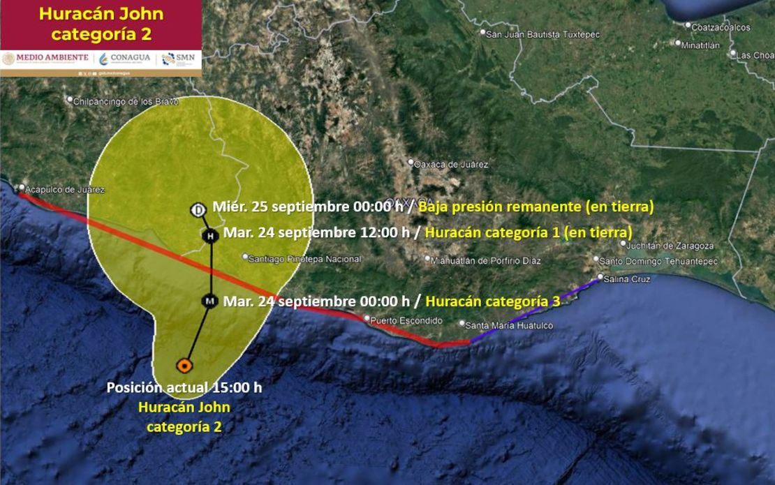 Trayectoria del huracán John prevista por el SMN de México.