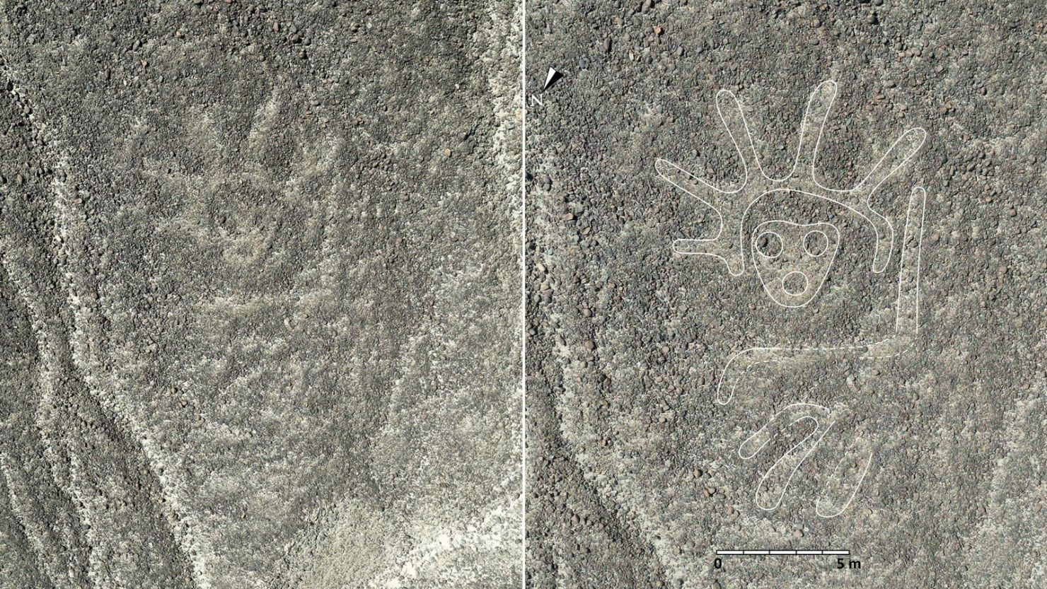Imágenes tomadas con un dron en el desierto de Nazca, en Perú, revelan una orca con un cuchillo, uno de los 303 símbolos antiguos recién descubiertos.