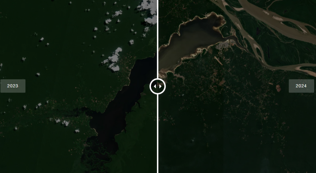 Imágenes satelitales del Río Negro del 12 de septiembre de 2021 versus el 16 de septiembre de 2024 Satélite Copernicus,