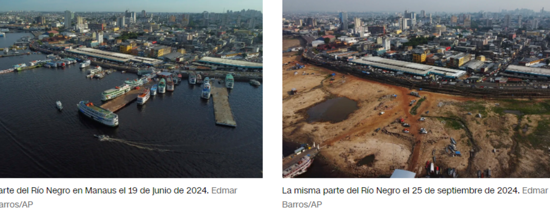 Parte del Río Negro en Manaus el 19 de junio de 2024 y la misma parte La misma parte del Río Negro el 25 de septiembre de 2024.